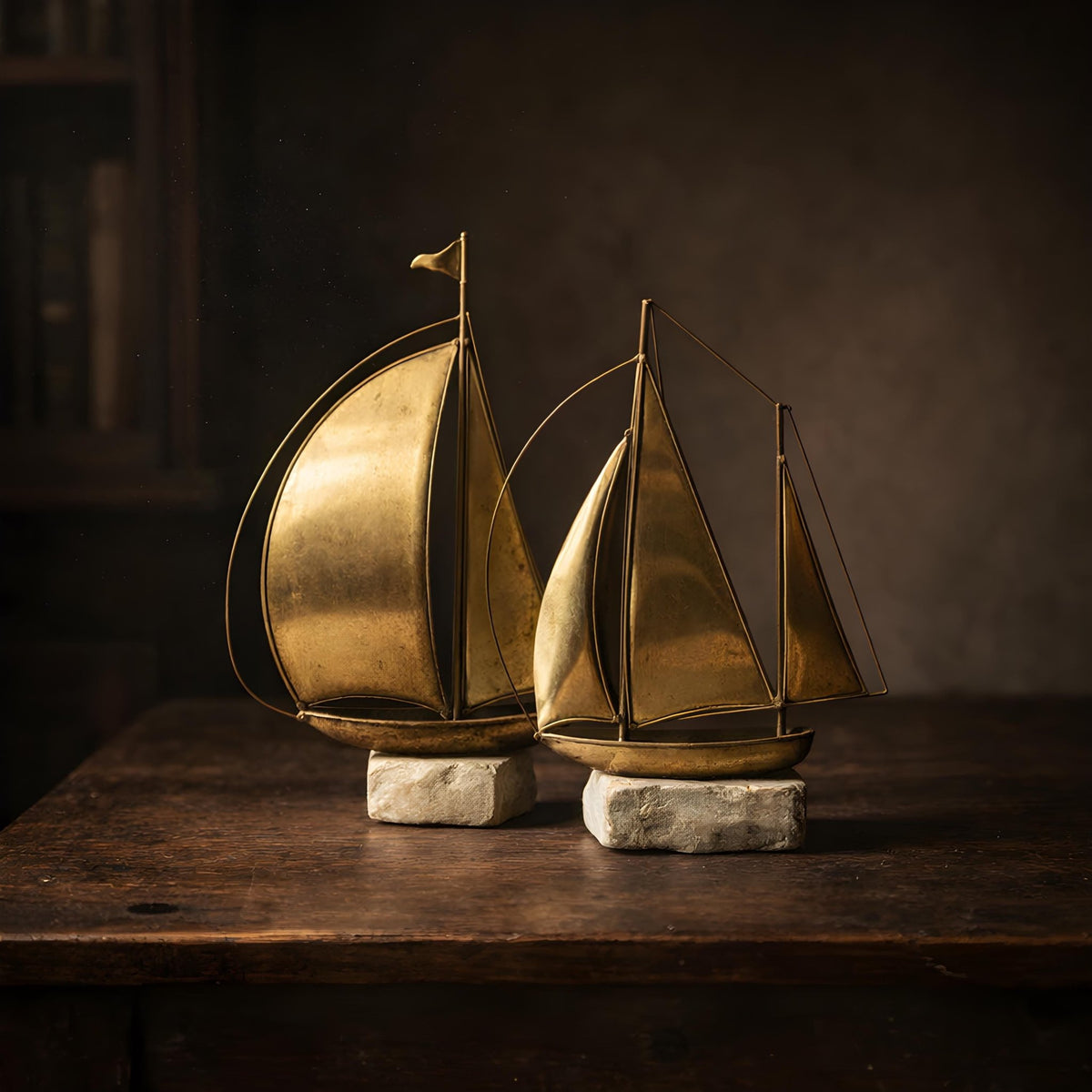 Vintage Brass Sailboat Bookends | Nautical Library Decor | Stone Base, MCM Moody, Dark Academia Style - The Relic Detail