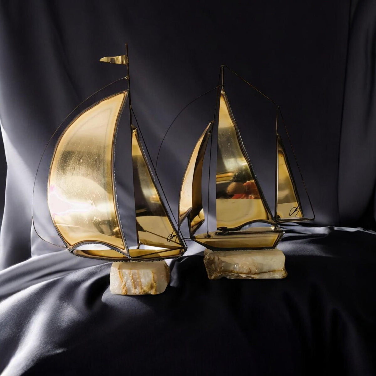 Vintage Brass Sailboat Bookends | Nautical Library Decor | Stone Base, MCM Moody, Dark Academia Style - The Relic Detail