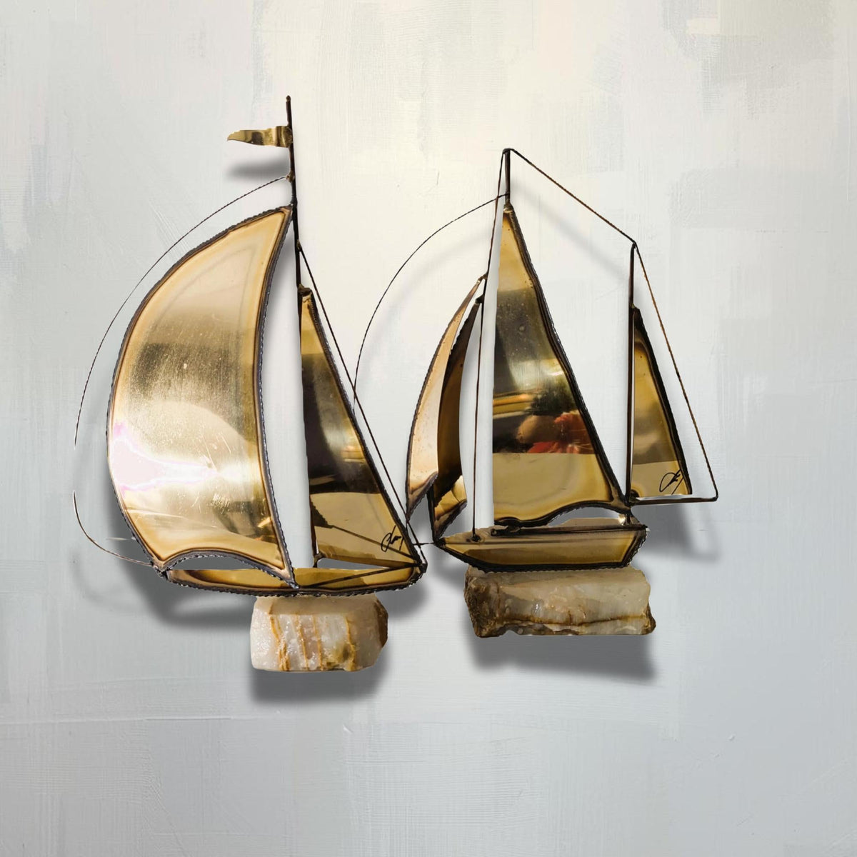 Vintage Brass Sailboat Bookends | Nautical Library Decor | Stone Base, MCM Moody, Dark Academia Style - The Relic Detail