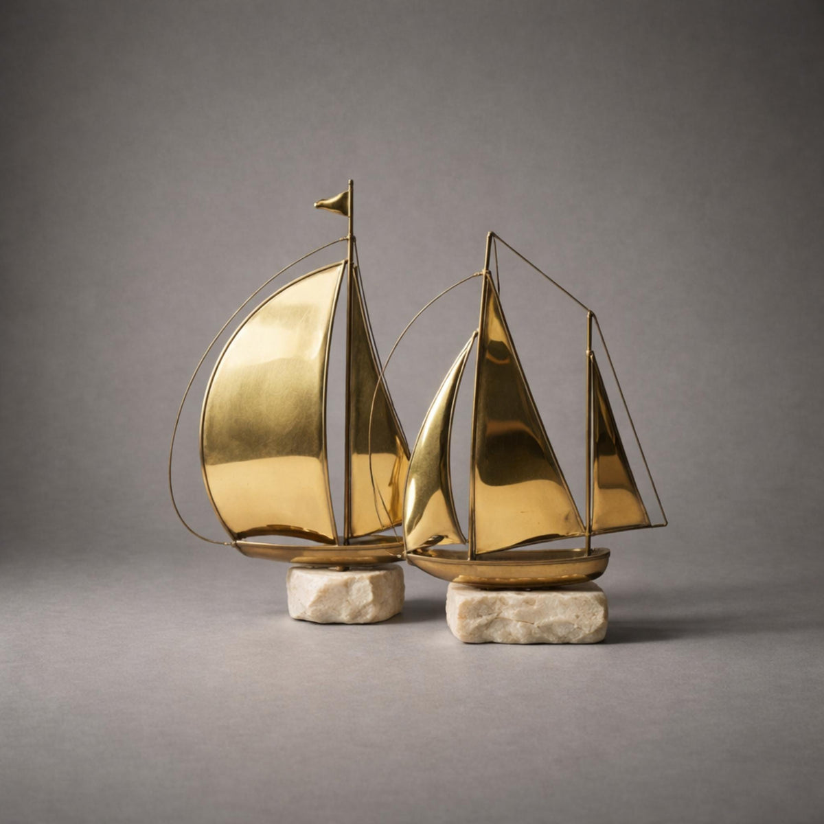 Vintage Brass Sailboat Bookends | Nautical Library Decor | Stone Base, MCM Moody, Dark Academia Style - The Relic Detail