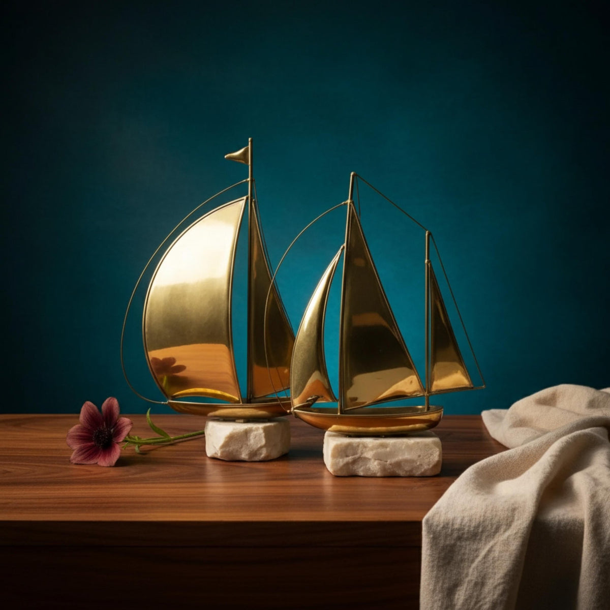 Vintage Brass Sailboat Bookends | Nautical Library Decor | Stone Base, MCM Moody, Dark Academia Style - The Relic Detail