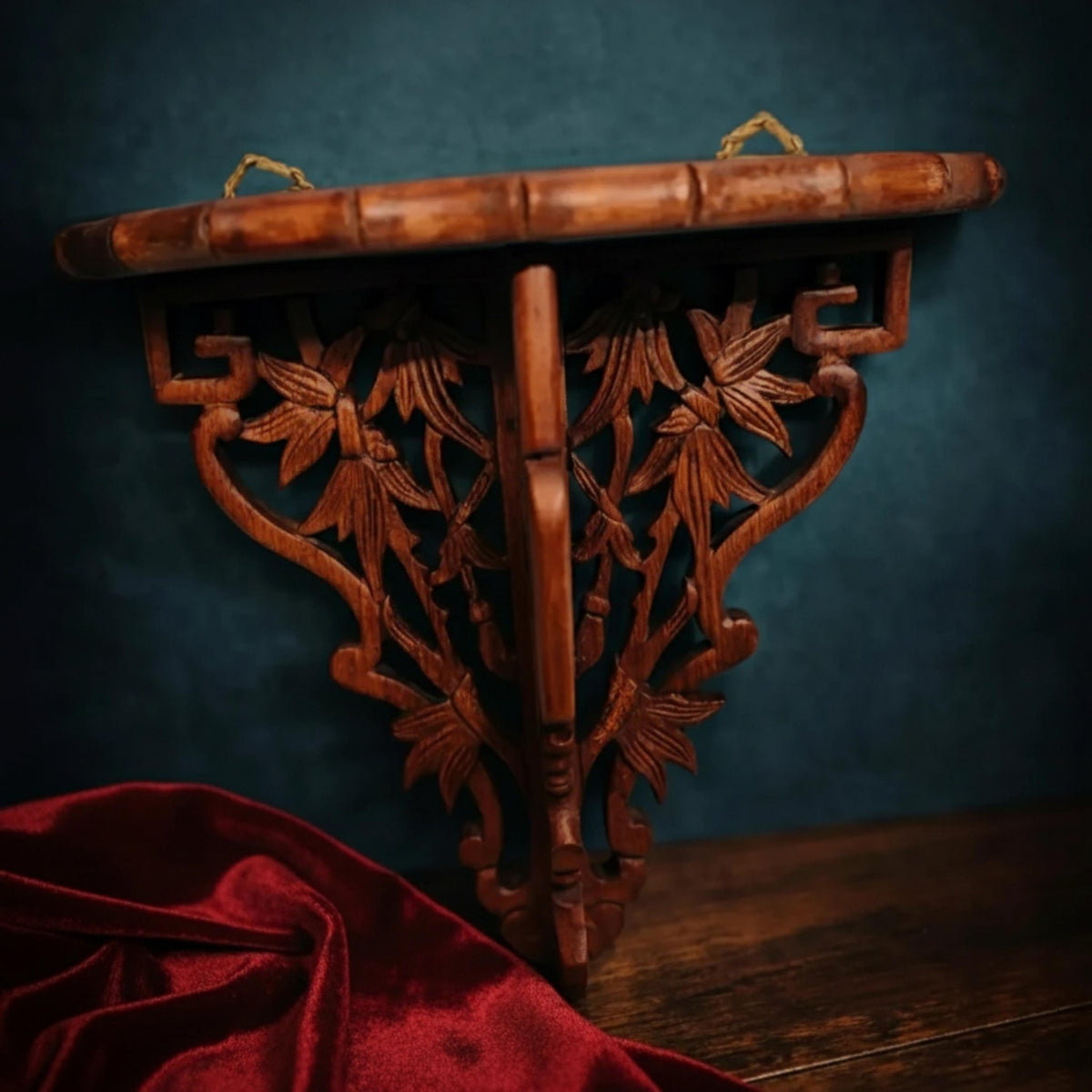 Vintage Carved Wood Bamboo Shelf Oriental Wall Art Hanging Sconce Asian Home Decor - The Relic Detail