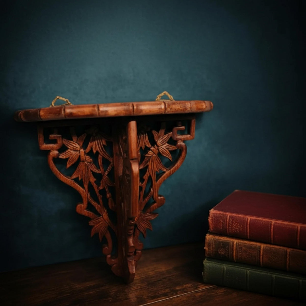 Vintage Carved Wood Bamboo Shelf Oriental Wall Art Hanging Sconce Asian Home Decor - The Relic Detail