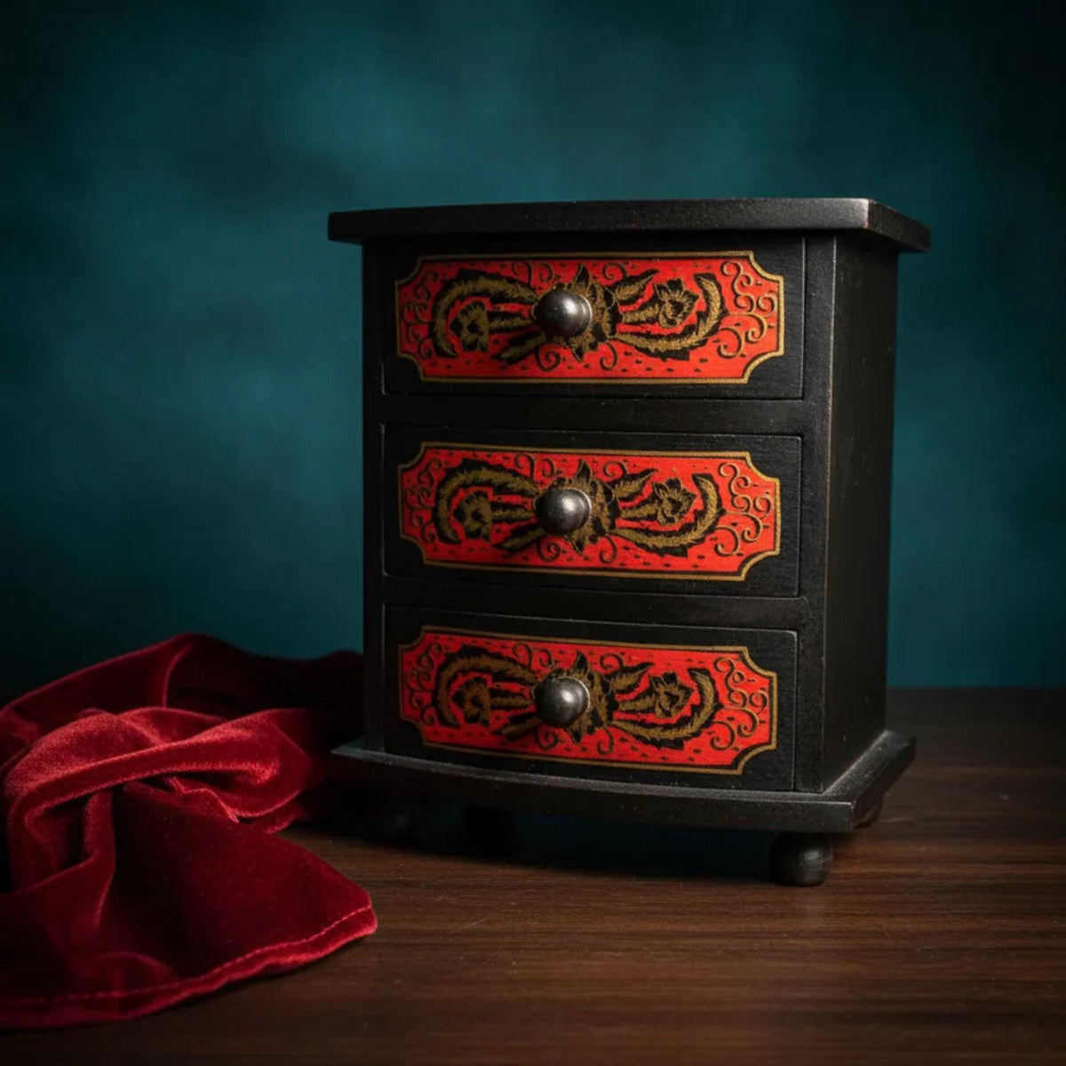 Vintage Chinese Hand-Painted Wood Jewelry Box Three Drawer Storage Asian Decor Red Gold - The Relic Detail