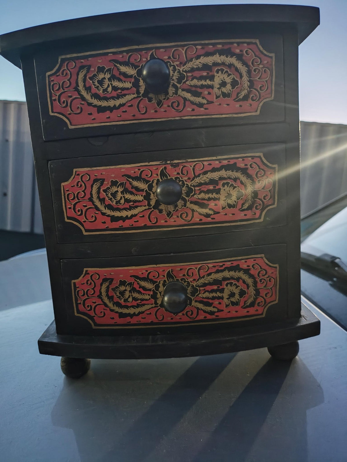 Vintage Chinese Hand-Painted Wood Jewelry Box Three Drawer Storage Asian Decor Red Gold - The Relic Detail