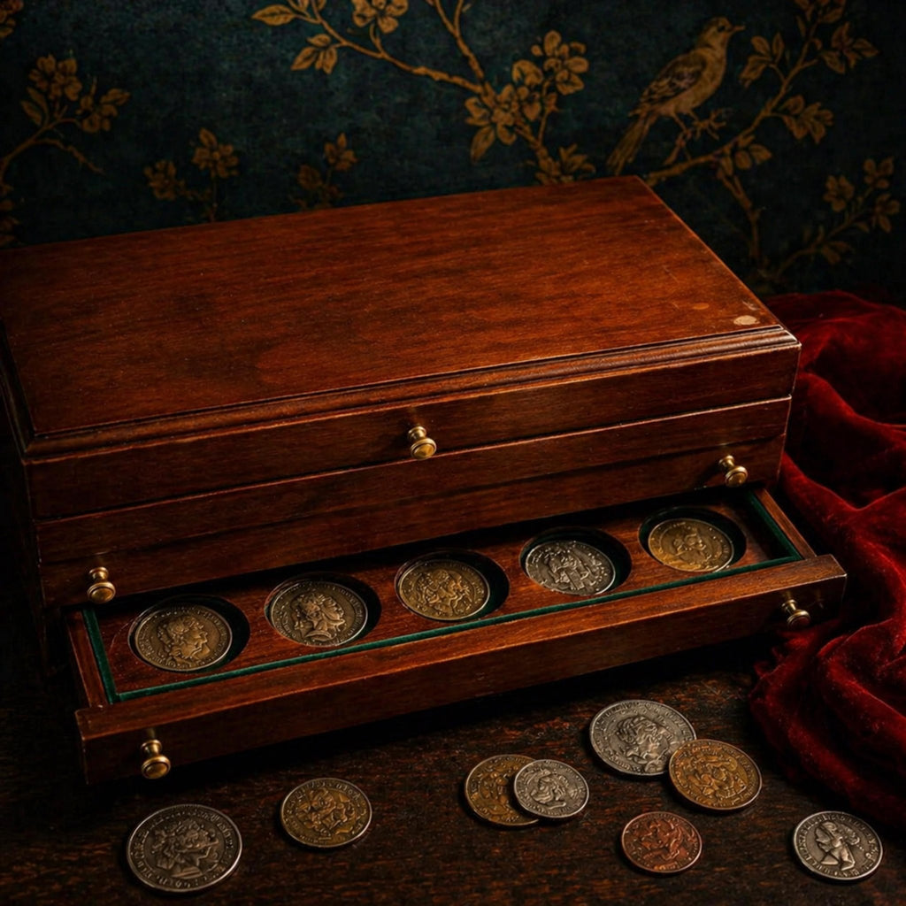 Vintage Coin Display Box & Pen Case Set - Dark Academia Desk Storage Collector Gift - The Relic Detail
