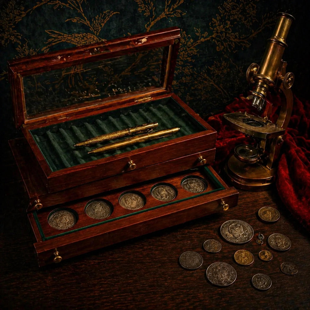 Vintage Coin Display Box & Pen Case Set - Dark Academia Desk Storage Collector Gift - The Relic Detail