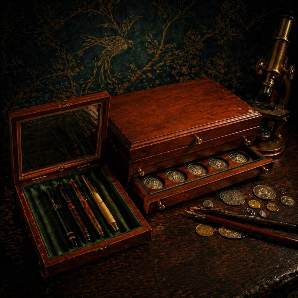 Vintage Coin Display Box & Pen Case Set - Dark Academia Desk Storage Collector Gift - The Relic Detail