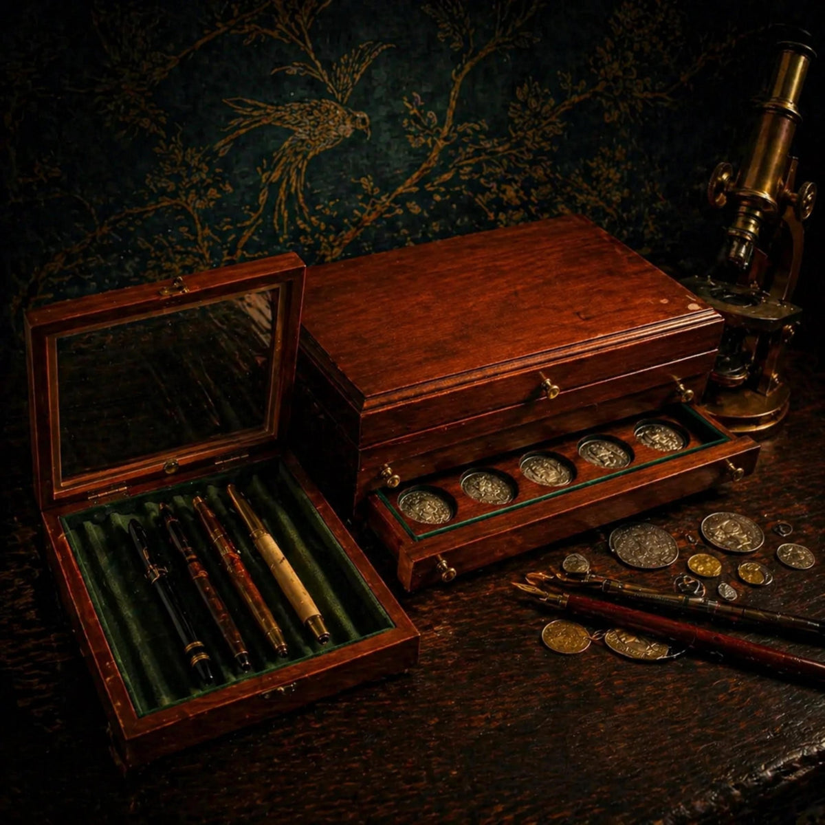 Vintage Coin Display Box & Pen Case Set - Dark Academia Desk Storage Collector Gift - The Relic Detail