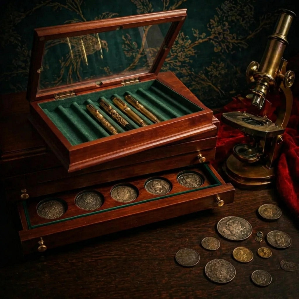 Vintage Coin Display Box & Pen Case Set - Dark Academia Desk Storage Collector Gift - The Relic Detail
