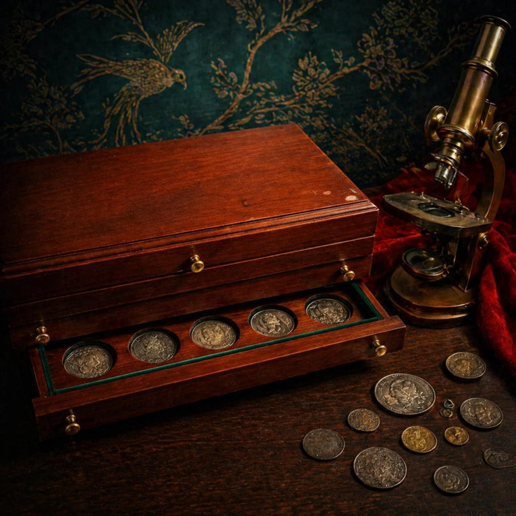 Vintage Coin Display Box & Pen Case Set - Dark Academia Desk Storage Collector Gift - The Relic Detail