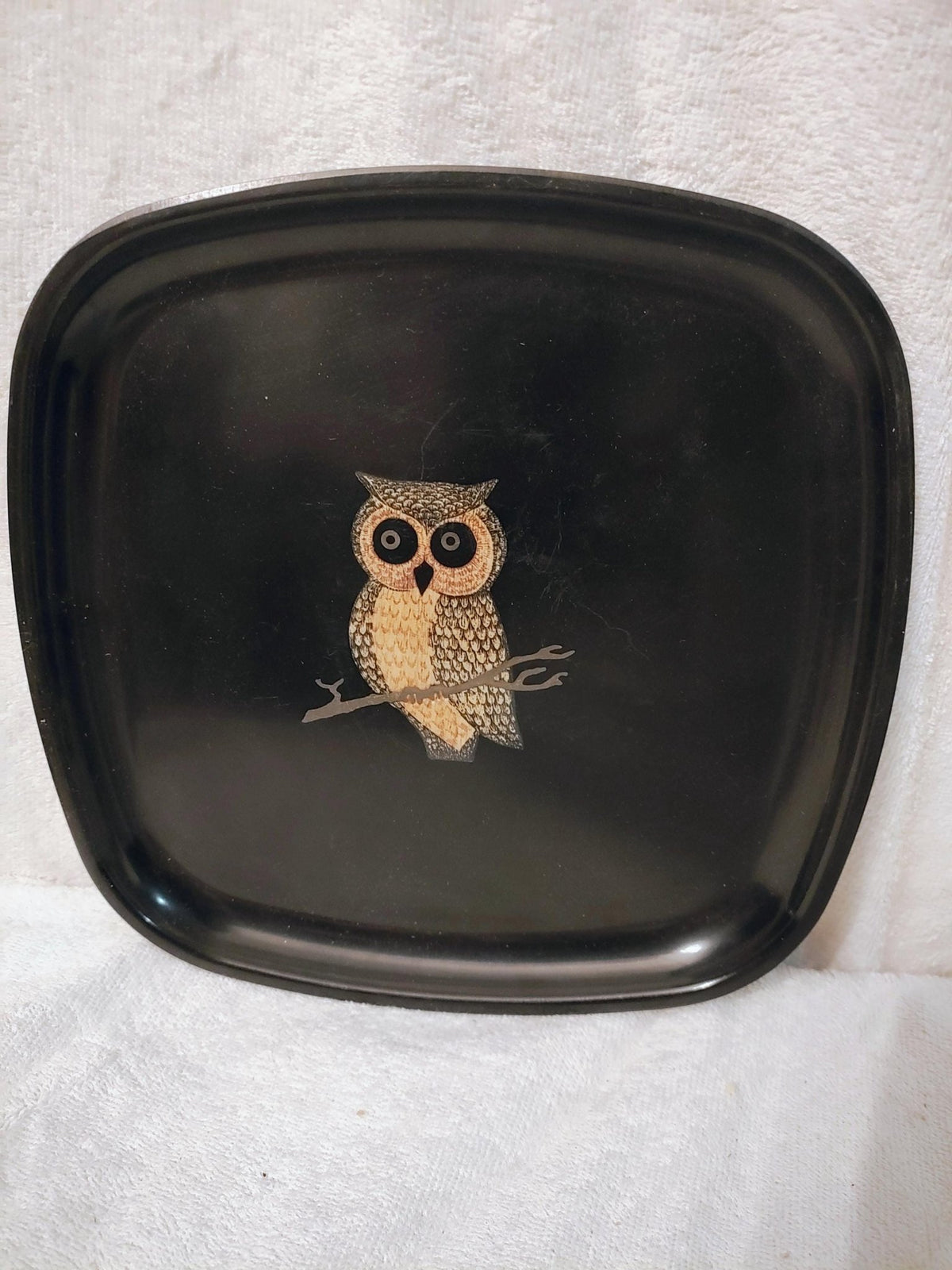 Vintage Couroc Owl Tray | Inlaid Monterey Resin Barware - The Relic Detail