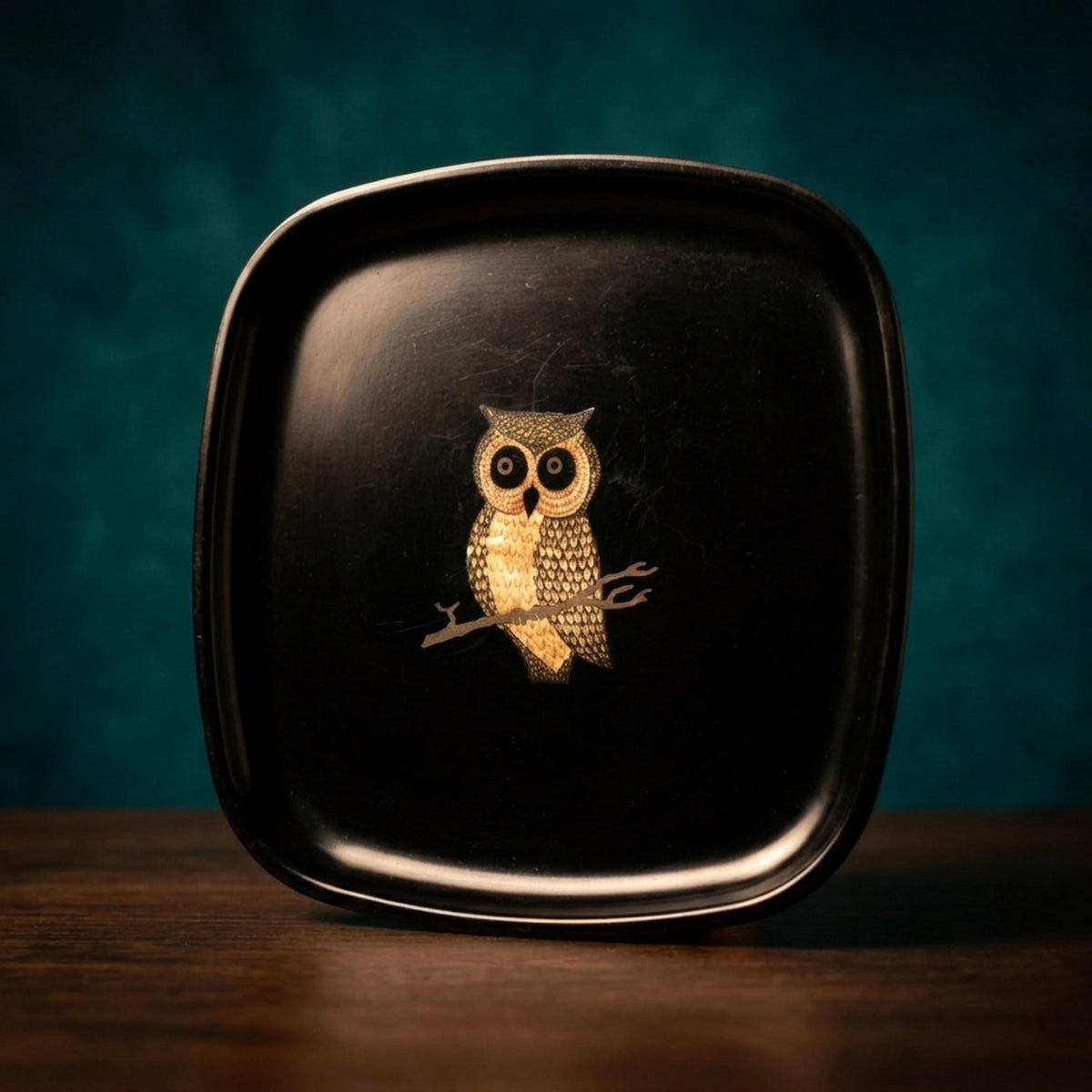 Vintage Couroc Owl Tray | Inlaid Monterey Resin Barware - The Relic Detail