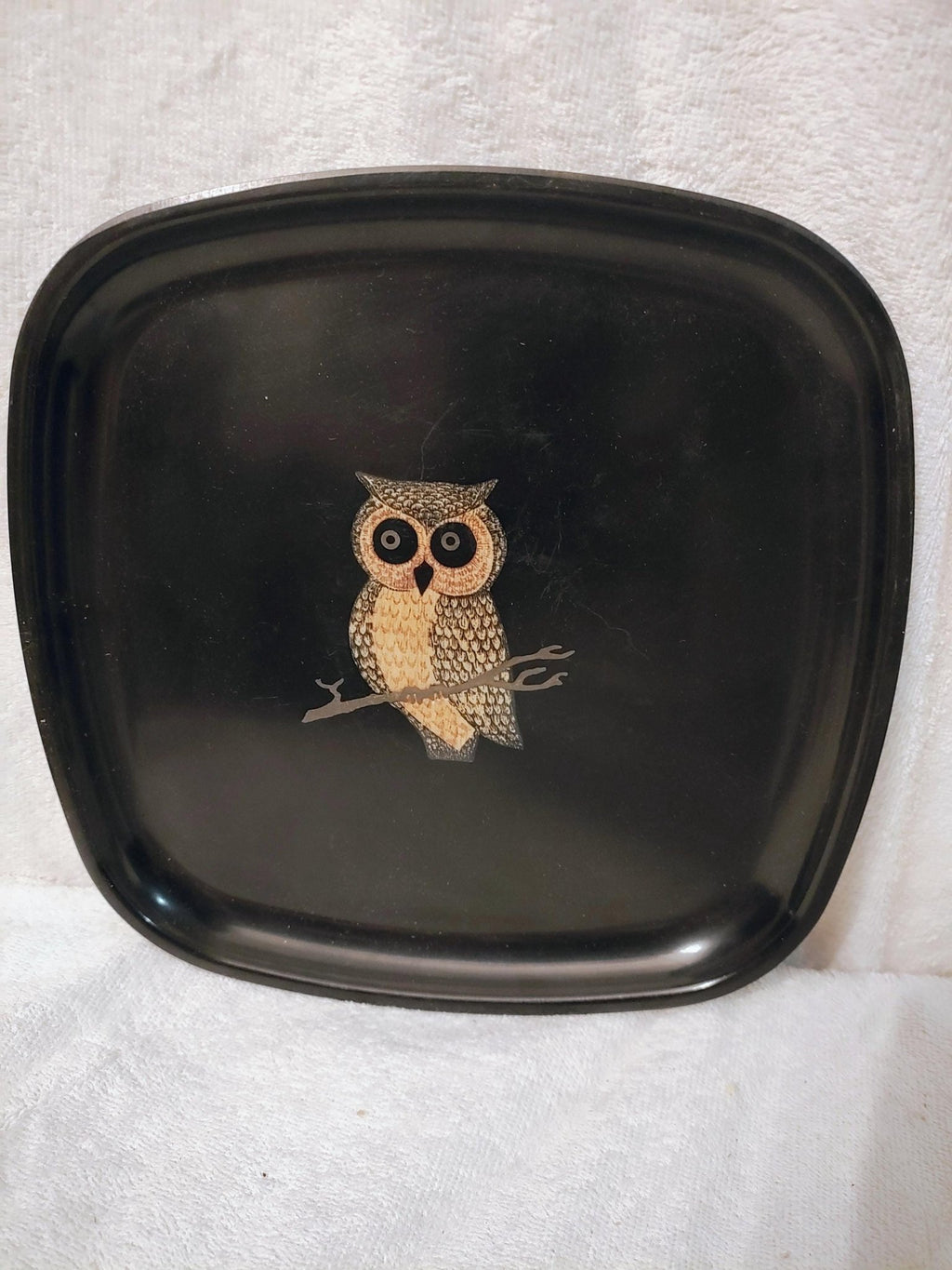 Vintage Couroc Owl Tray | Inlaid Monterey Resin Barware - The Relic Detail