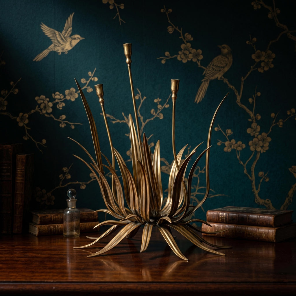 Vintage Gilt Metal Wheat Candelabra – Hollywood Regency Sheaf Centerpiece - The Relic Detail