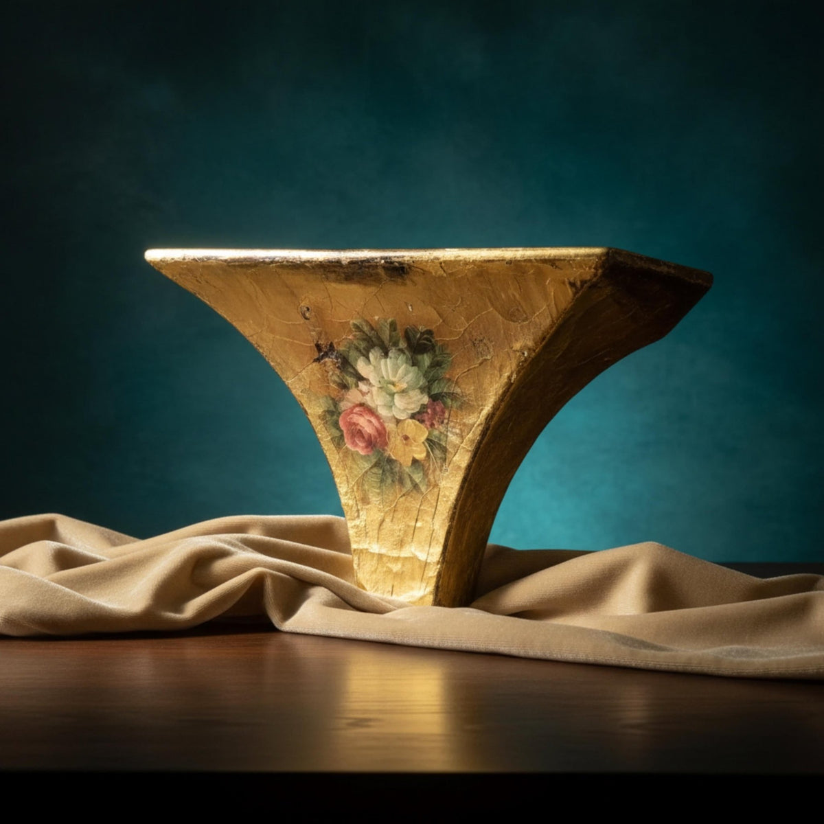 Vintage Gilt Wall Sconce Shelf with Hand-Painted Floral Design - Decorative Gold Accent Storage - The Relic Detail