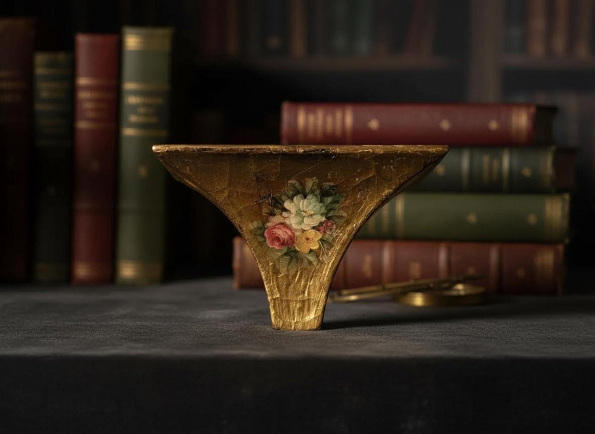 Vintage Gilt Wall Sconce Shelf with Hand-Painted Floral Design - Decorative Gold Accent Storage - The Relic Detail