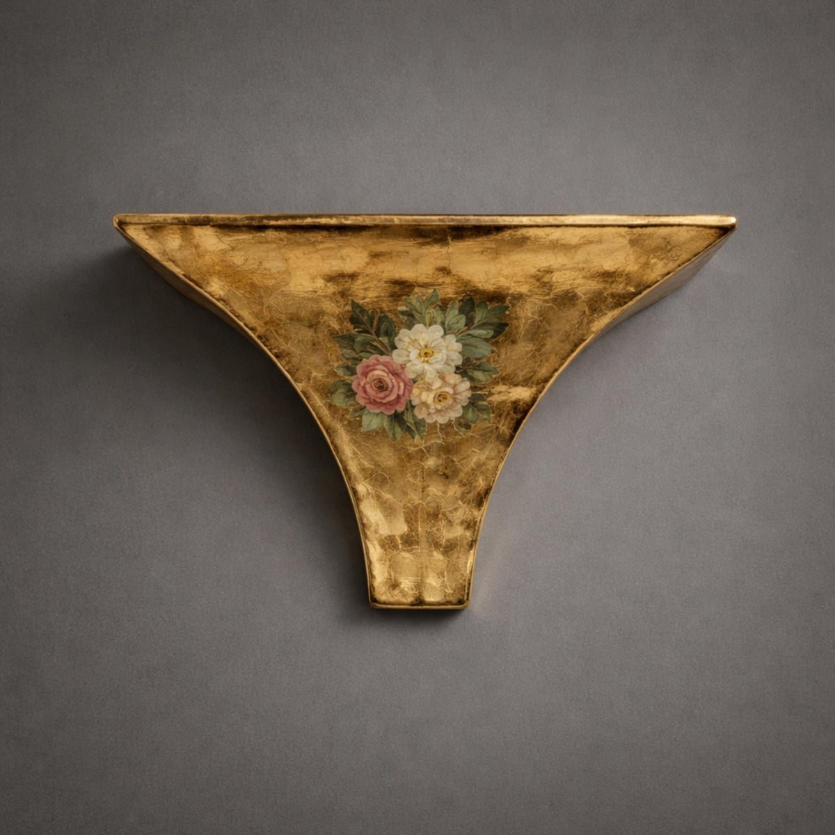 Vintage Gilt Wall Sconce Shelf with Hand-Painted Floral Design - Decorative Gold Accent Storage - The Relic Detail