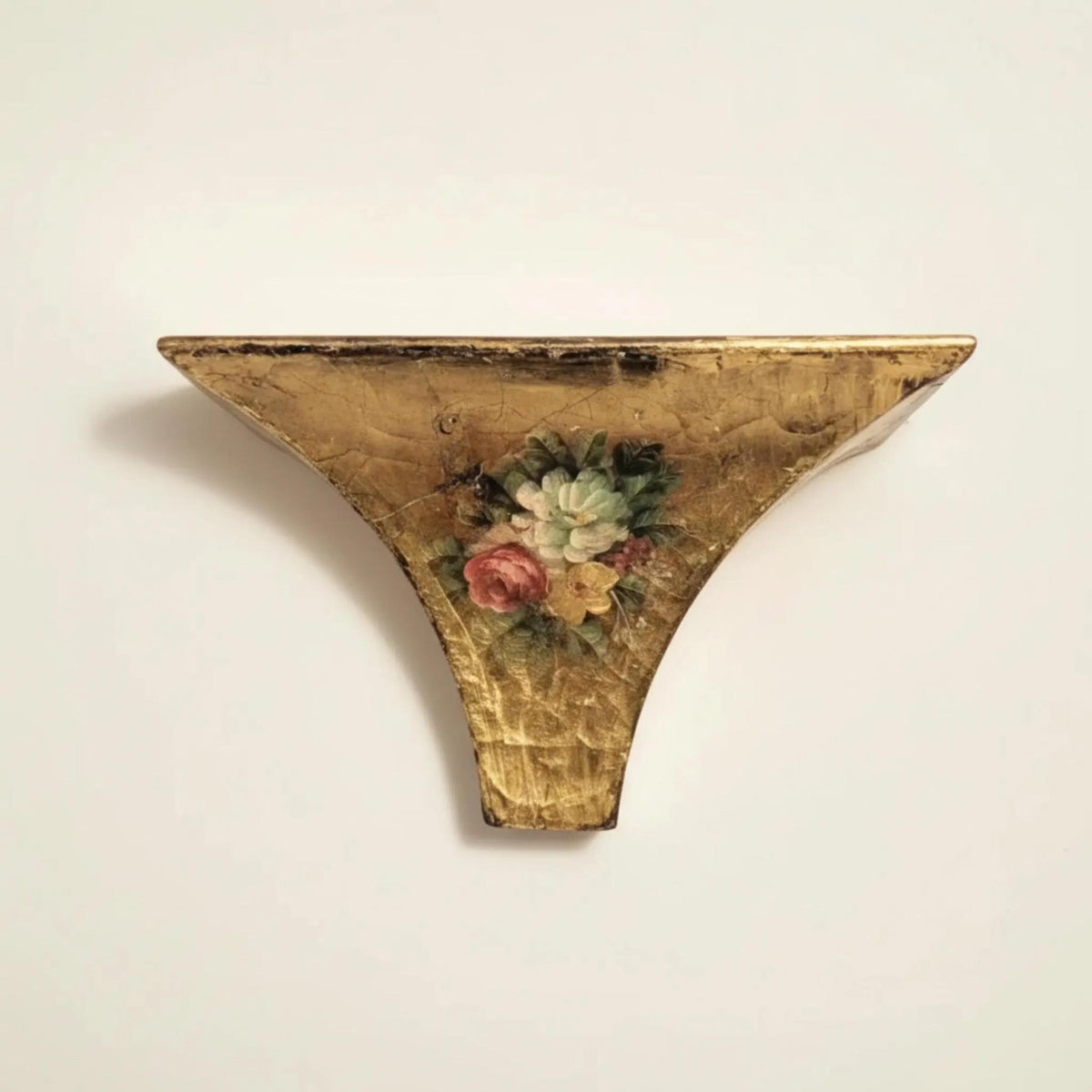 Vintage Gilt Wall Sconce Shelf with Hand-Painted Floral Design - Decorative Gold Accent Storage - The Relic Detail