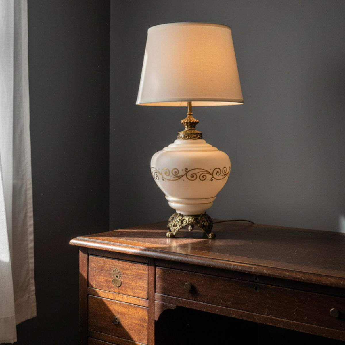White & Gold Glass Table Lamp with Brass Accents, 33 in. - The Relic Detail