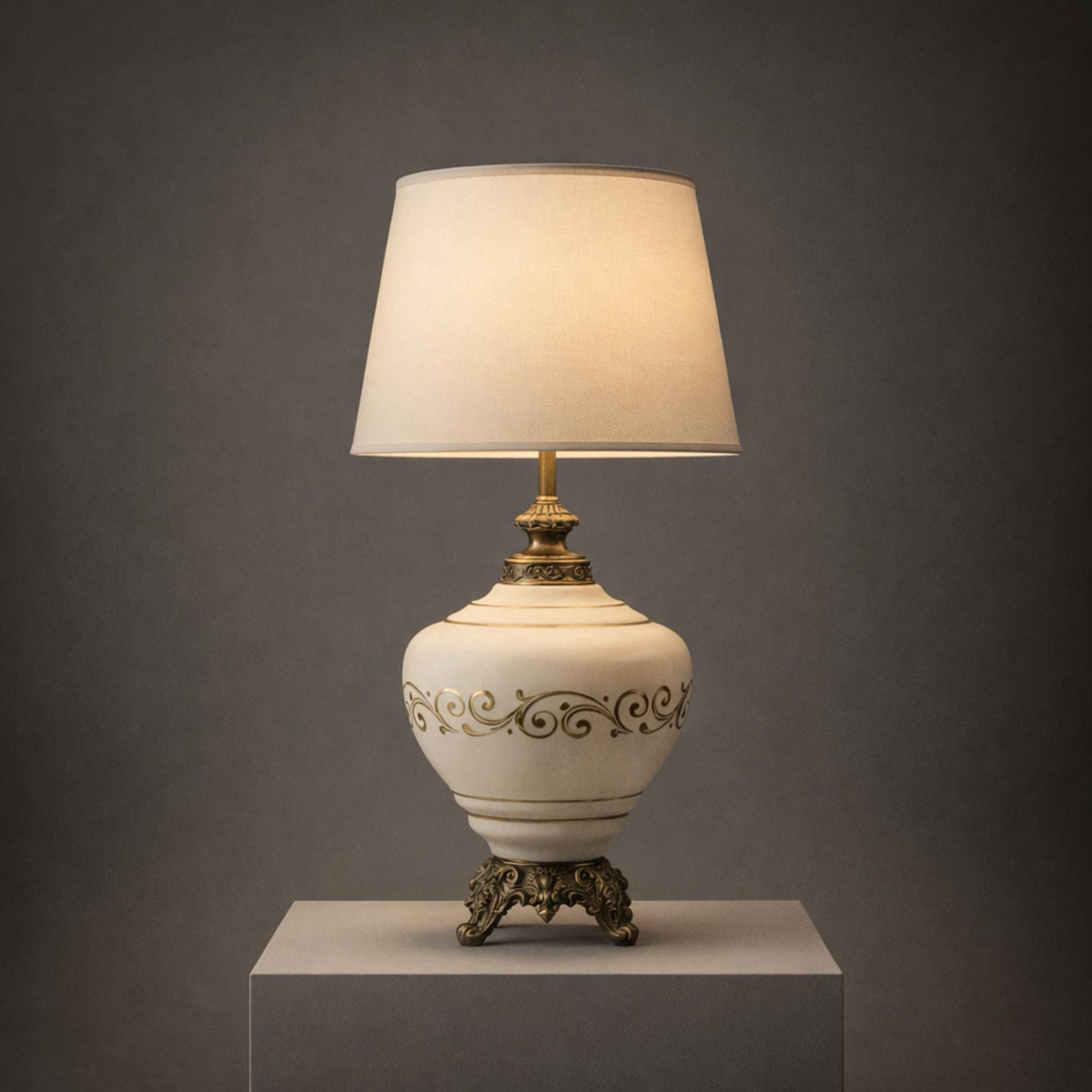 White & Gold Glass Table Lamp with Brass Accents, 33 in. - The Relic Detail