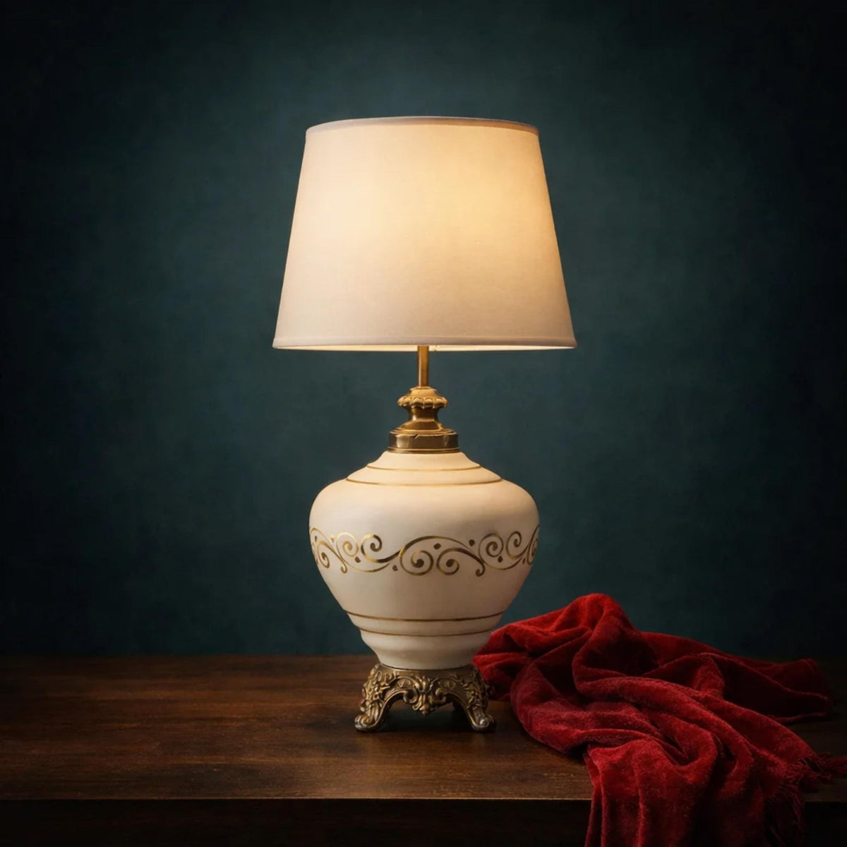 White & Gold Glass Table Lamp with Brass Accents, 33 in. - The Relic Detail