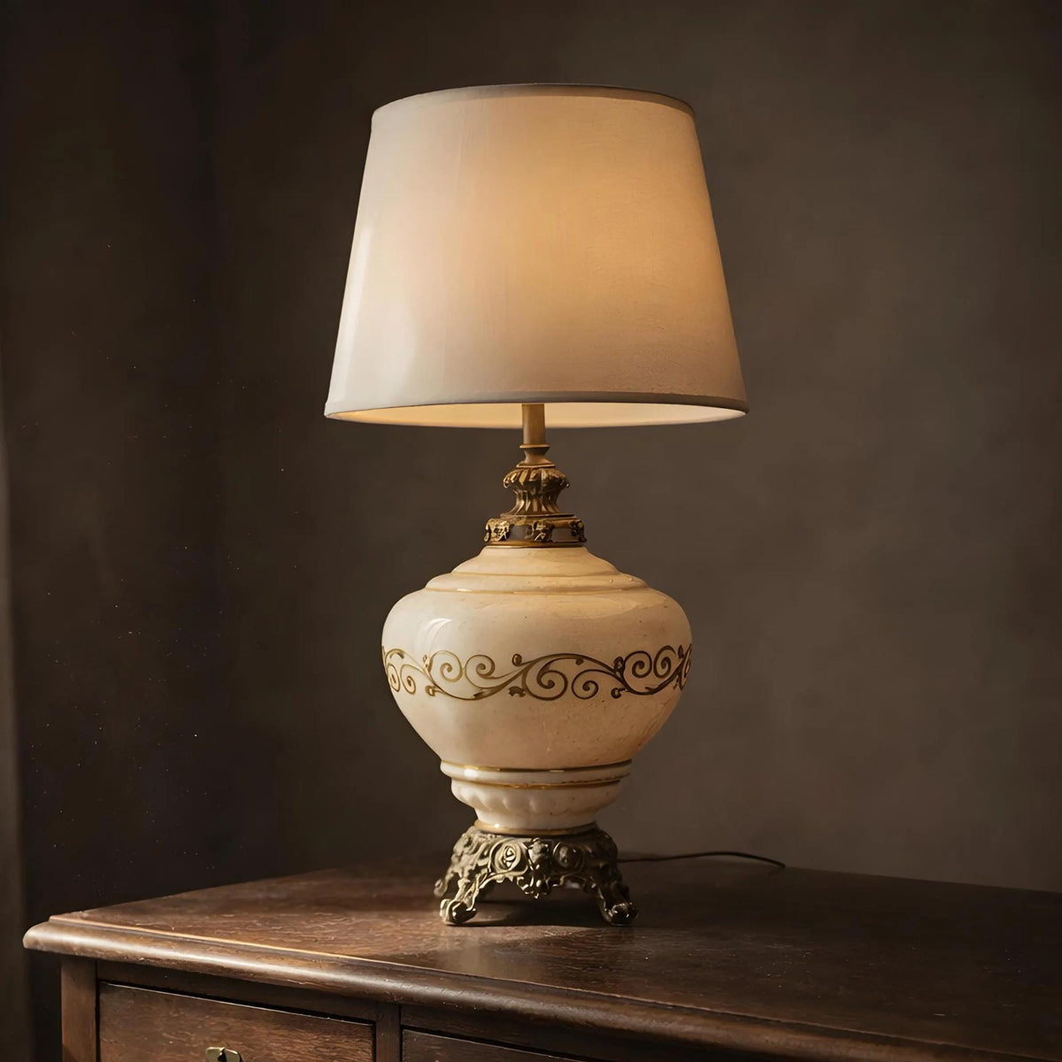 White & Gold Glass Table Lamp with Brass Accents, 33 in. - The Relic Detail