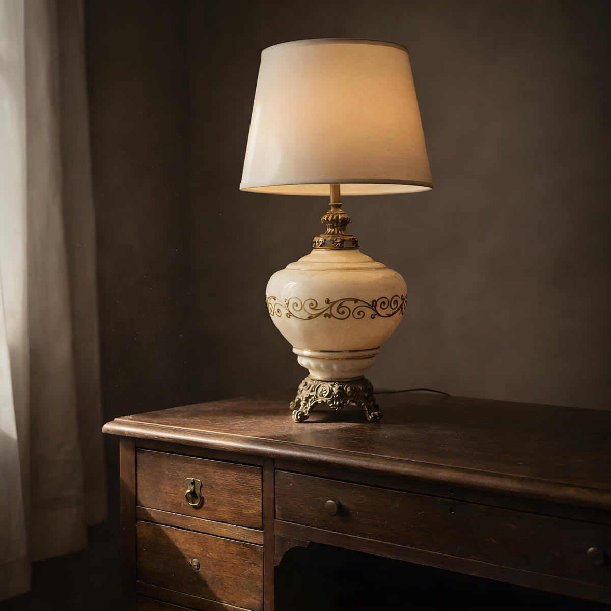 White & Gold Glass Table Lamp with Brass Accents, 33 in. - The Relic Detail